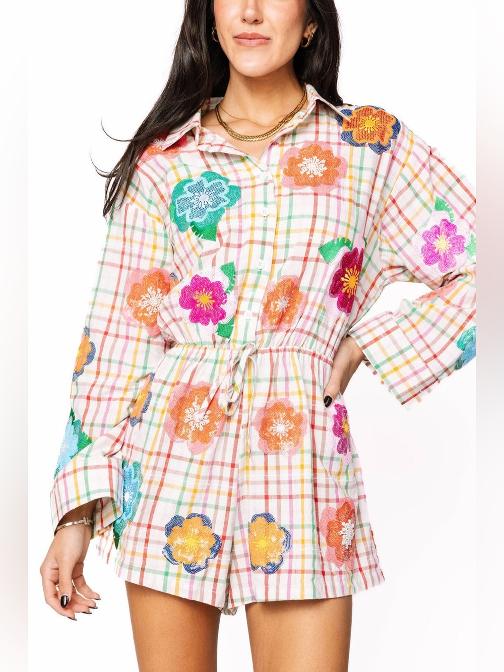 QUEEN OF SPARKLES Rainbow Plaid Multi Float Flowers Cotton Button Up Romper